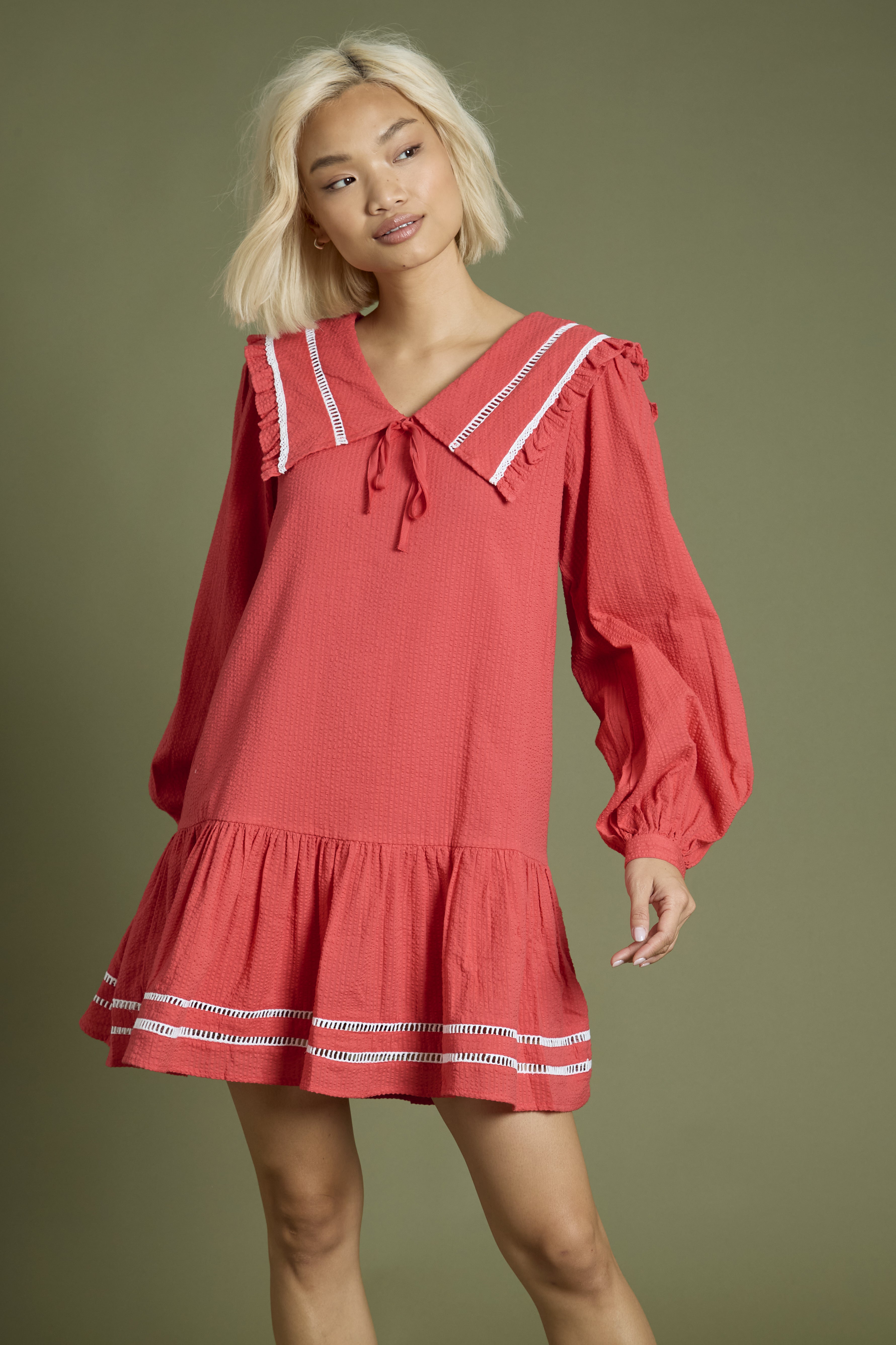 Wren Textured Collar Detail Mini Smock Dress