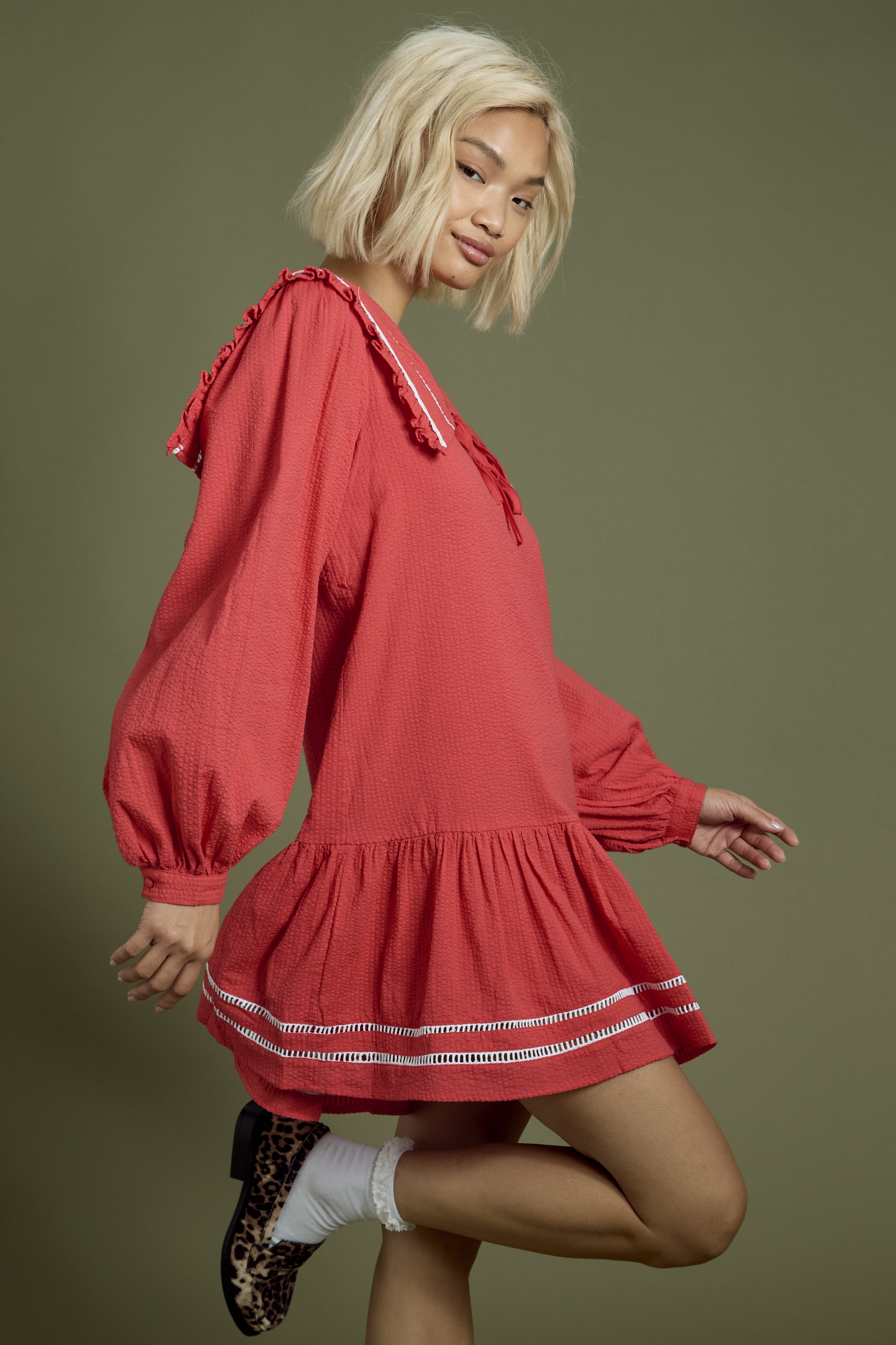 Wren Textured Collar Detail Mini Smock Dress