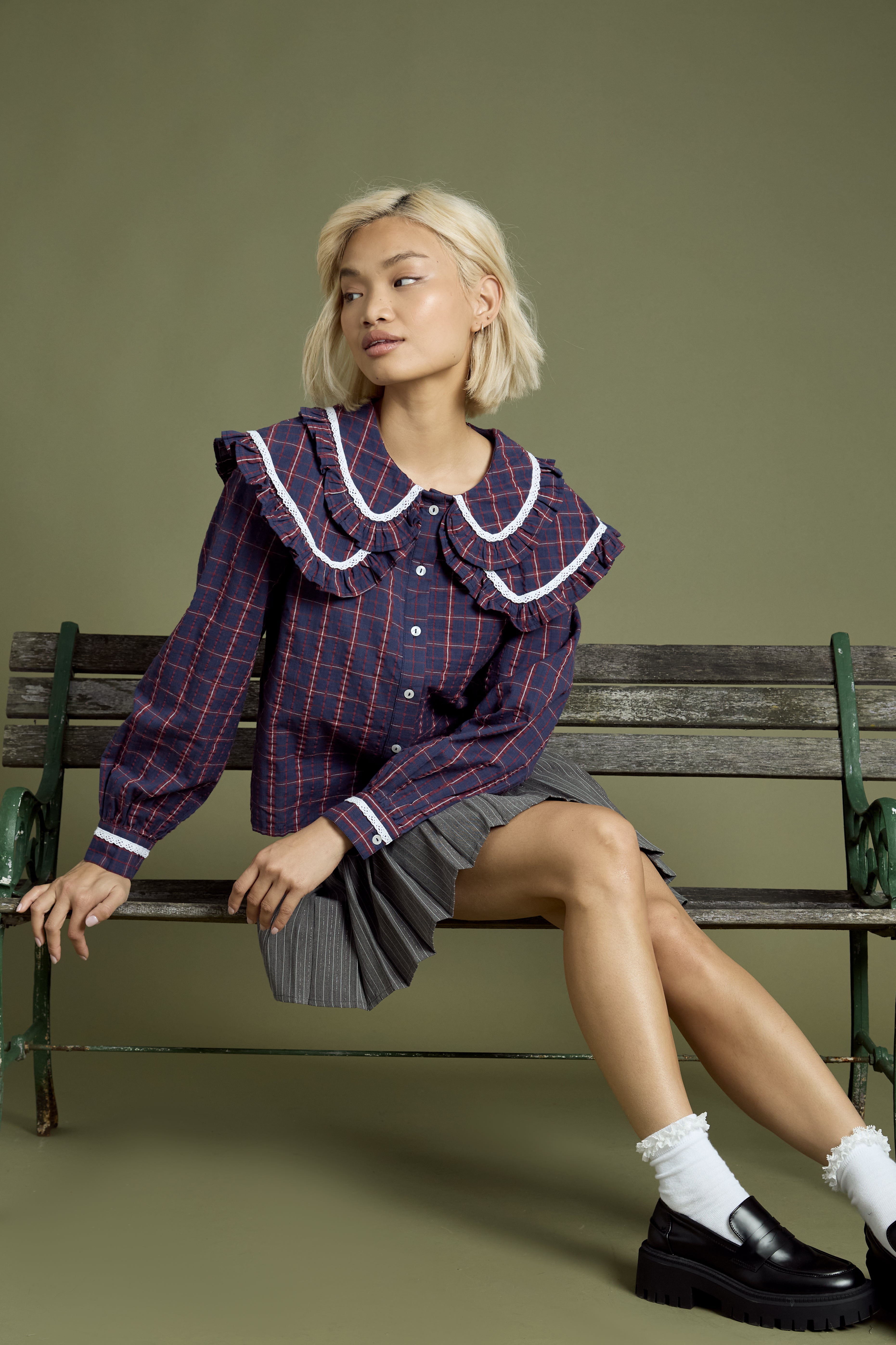 Meredith Check Print Layered Collar Blouse