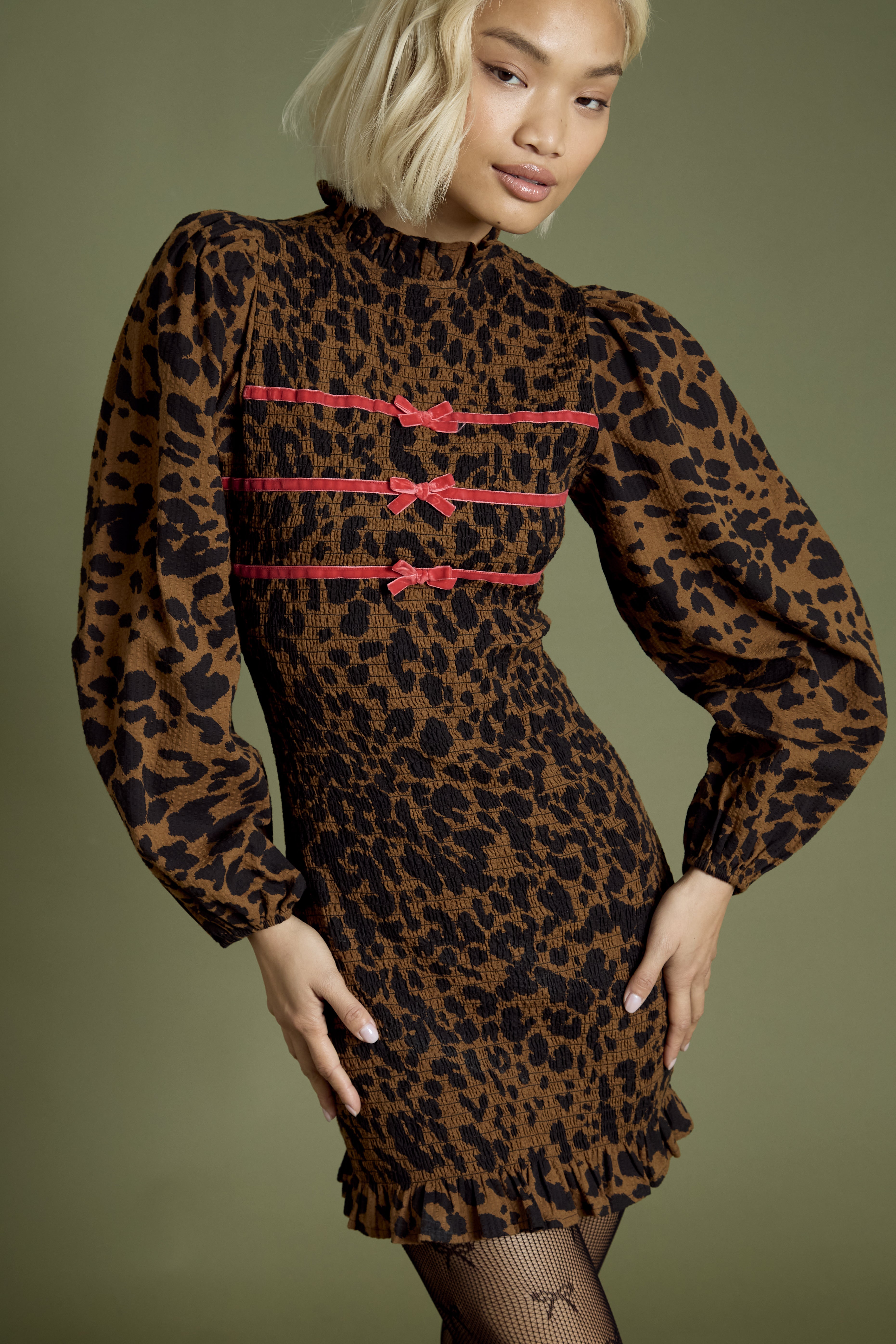 Blake Leopard Print Shirred Ribbon Detail Mini Dress