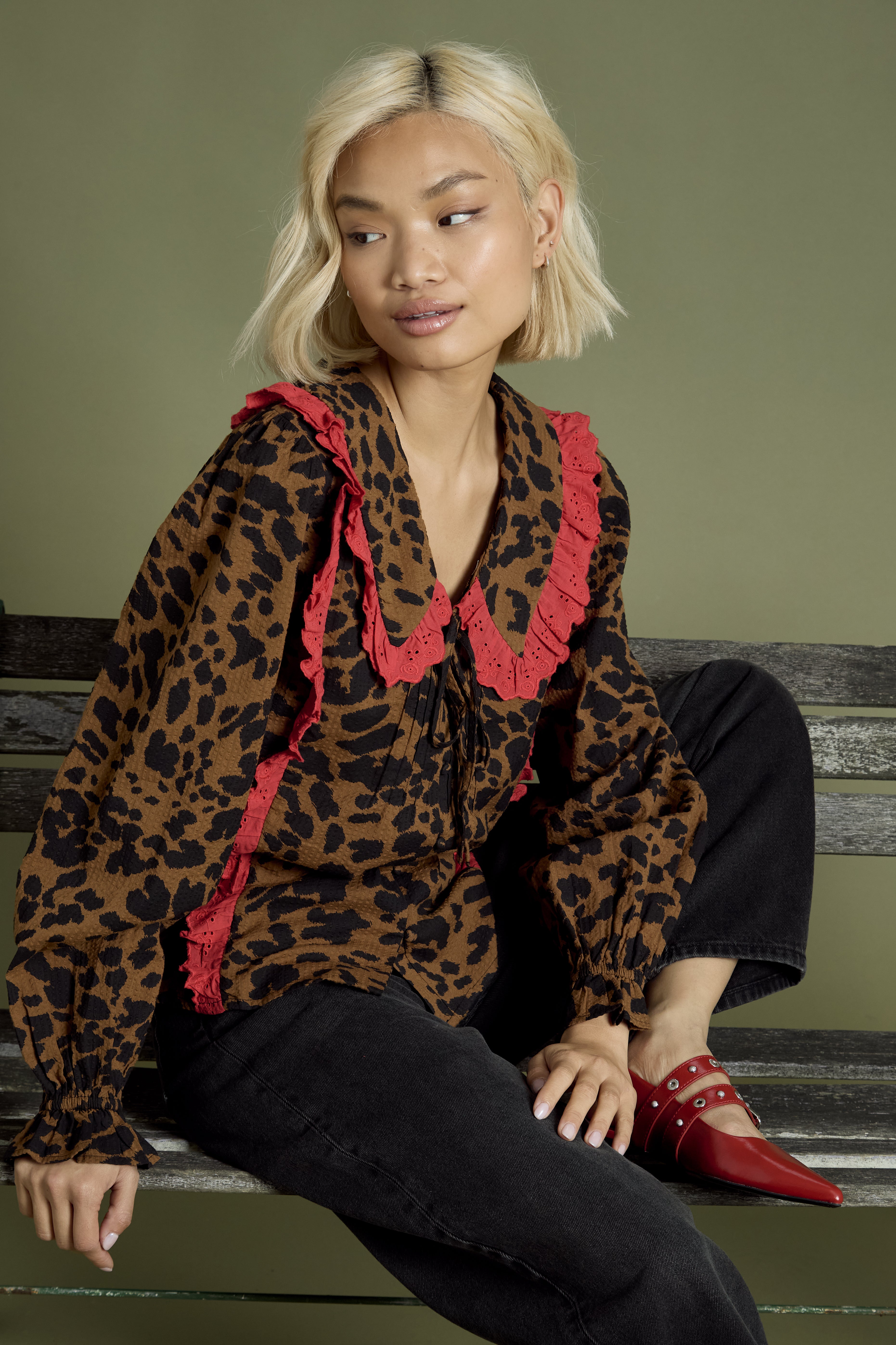 Blake Layered Collar Bow-Front Blouse in leopard