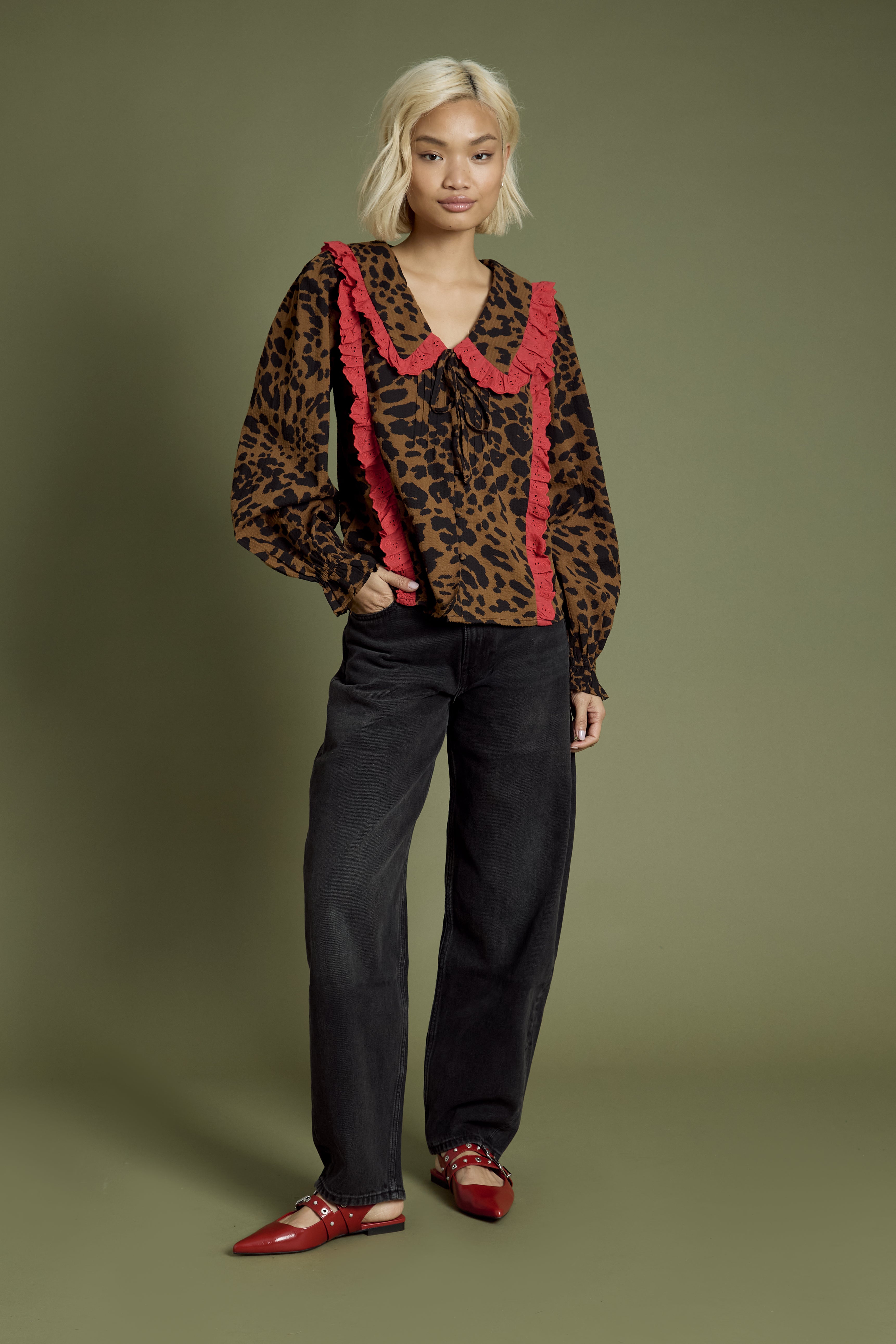 Blake Layered Collar Bow-Front Blouse in leopard