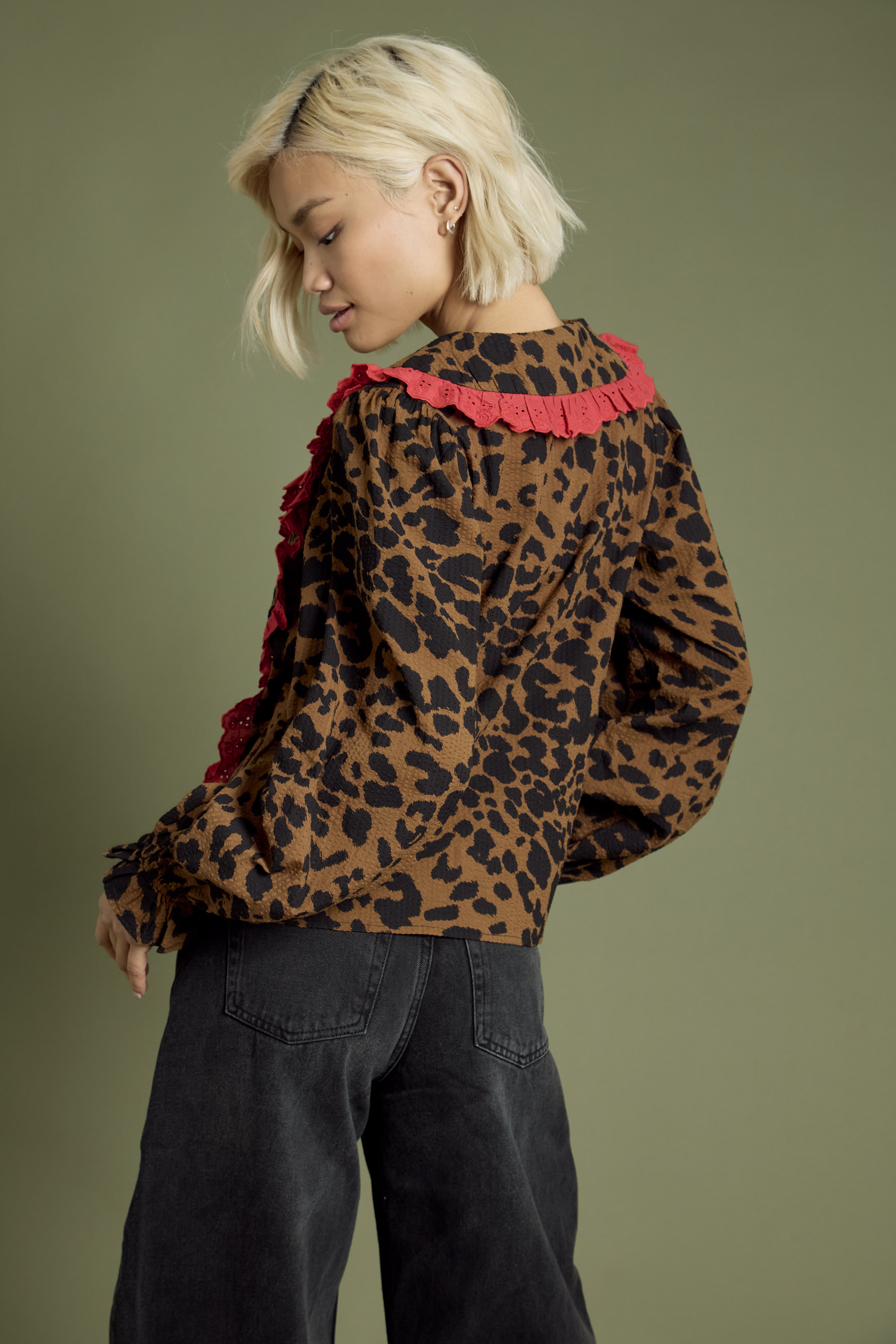 Blake Layered Collar Bow-Front Blouse in leopard