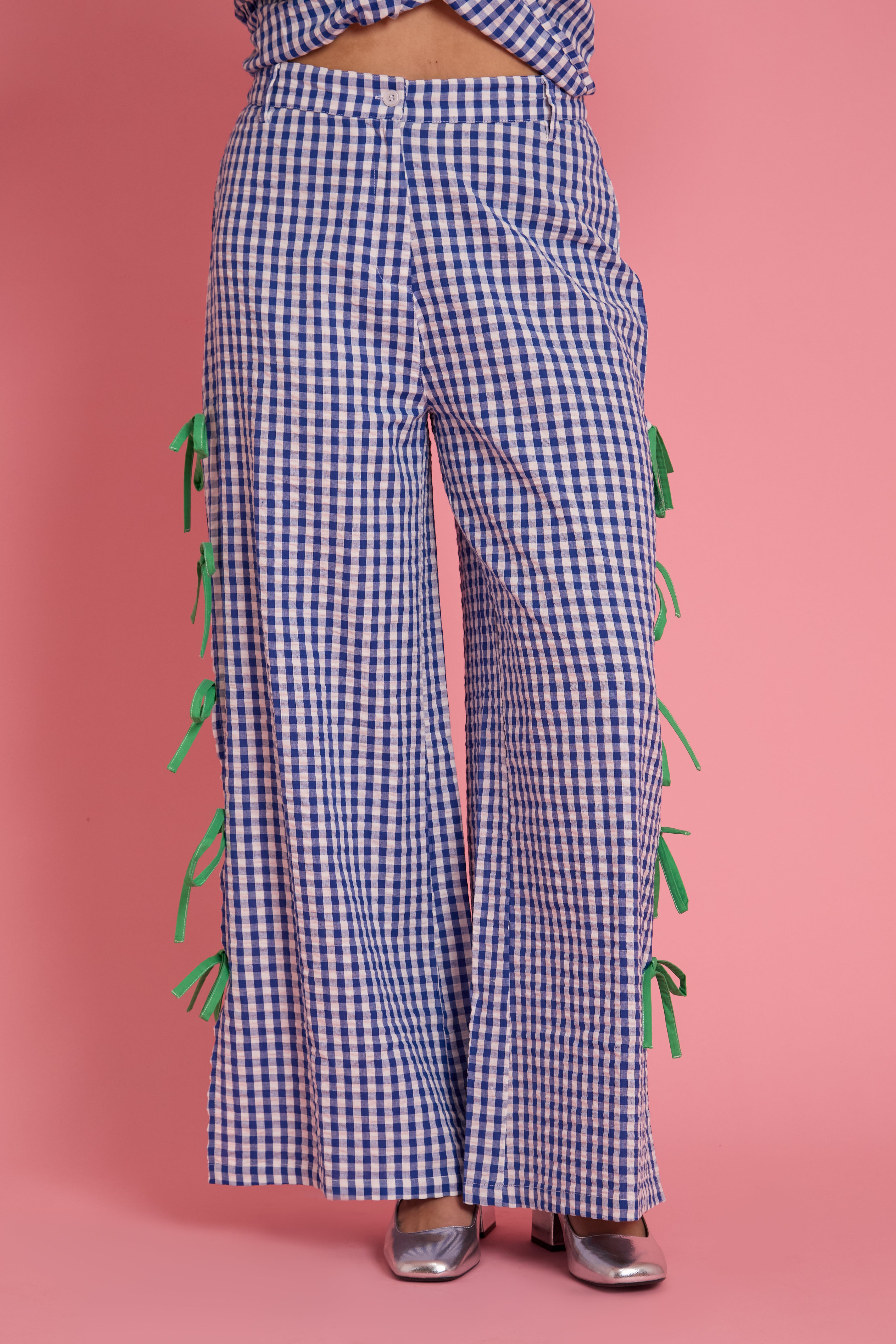 Lola Gingham Bow Wide Leg Trousers - Curve