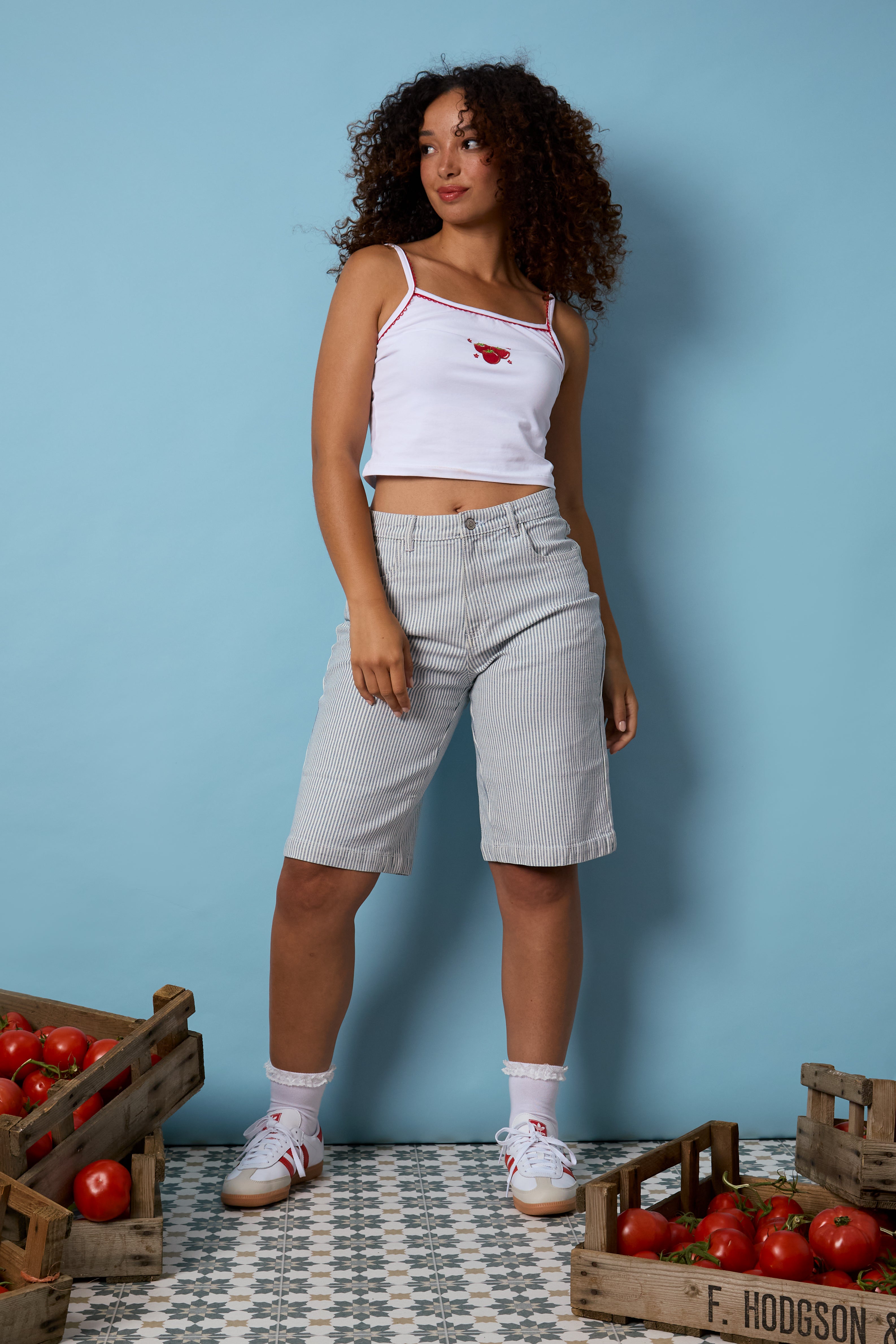 Nova Tomato Embroidered Stripe Denim Jorts