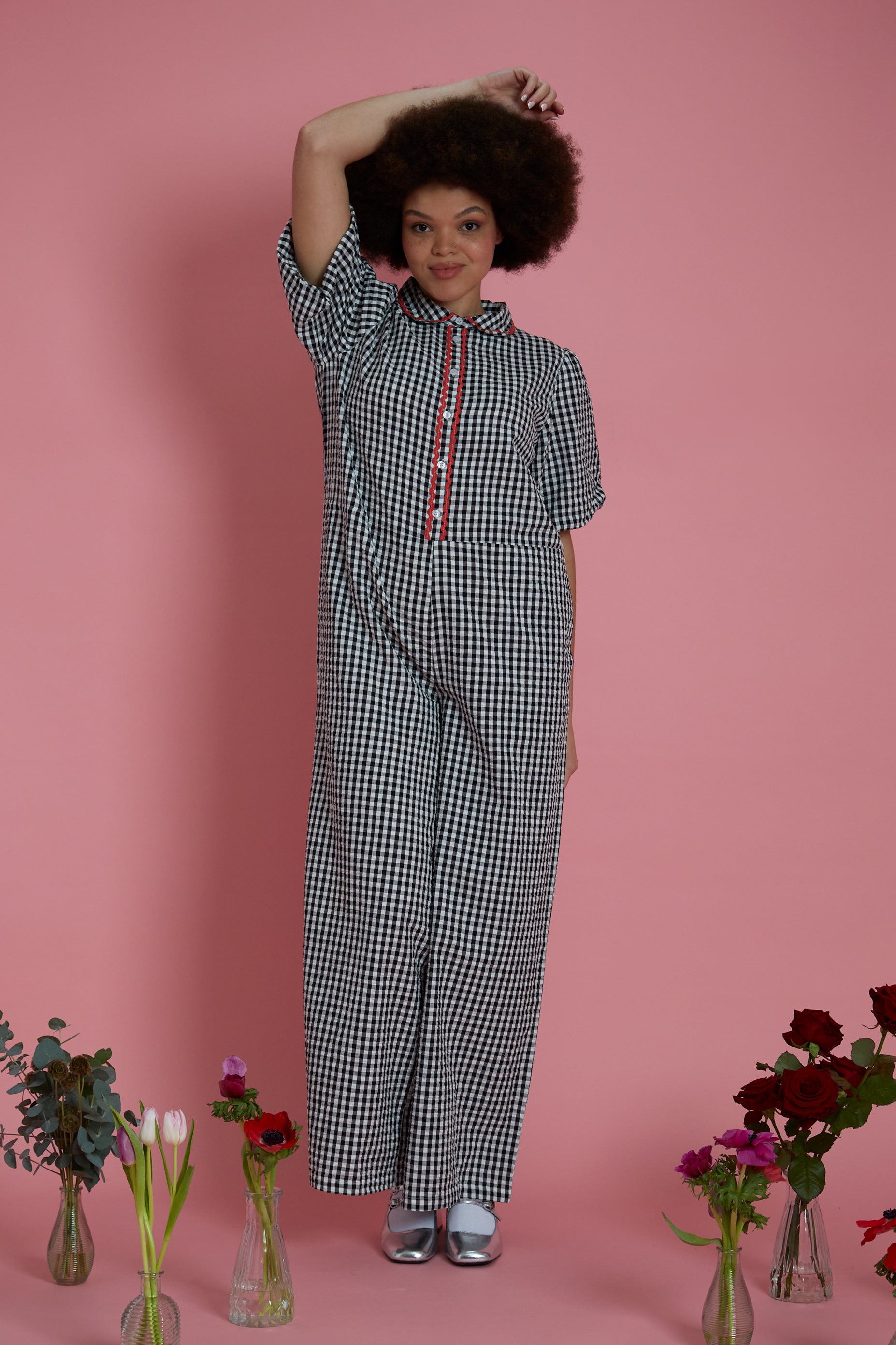 Piper Wide Leg Gingham Jumpsuit - Curve