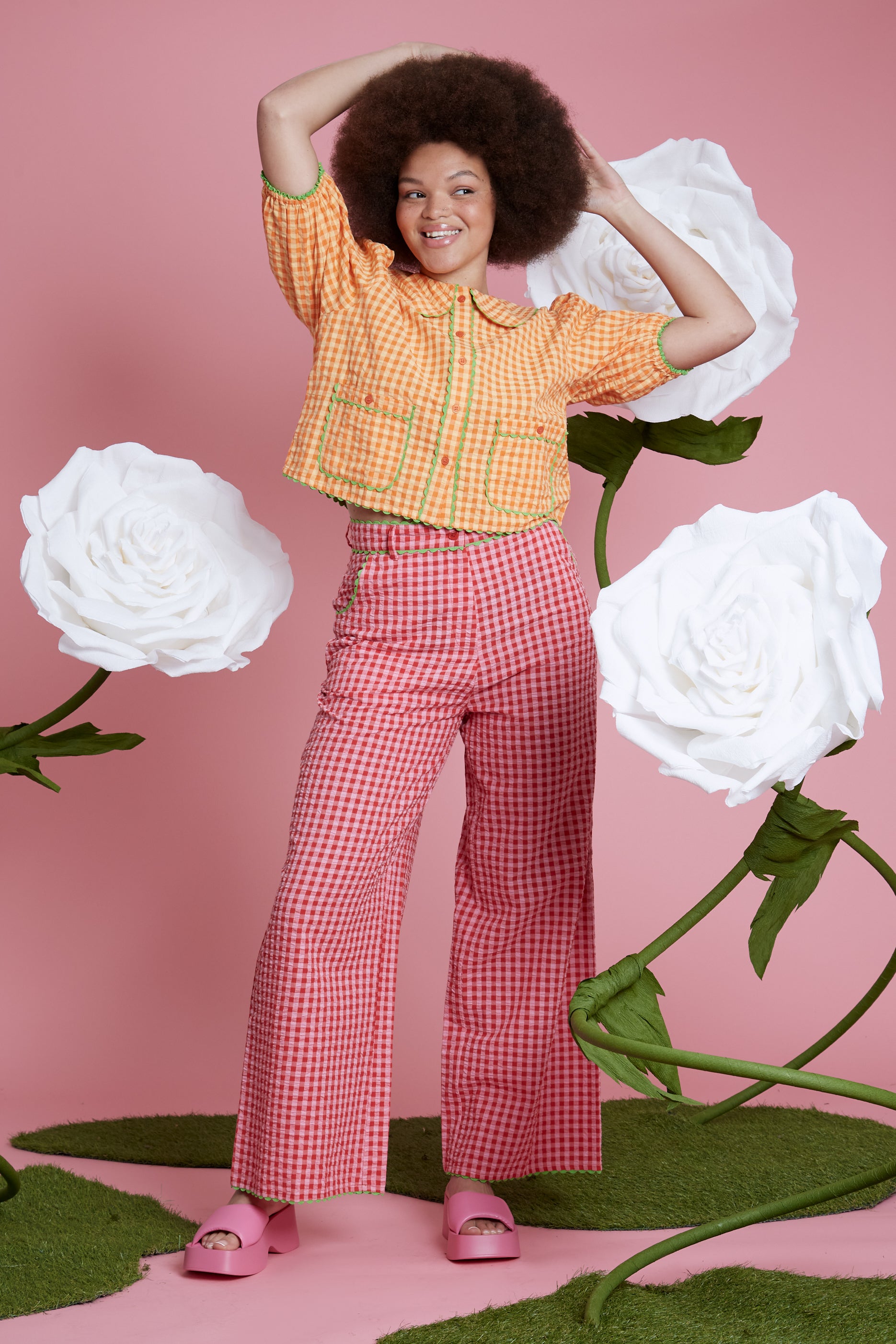 Alice Gingham Wide Leg Trousers - Curve