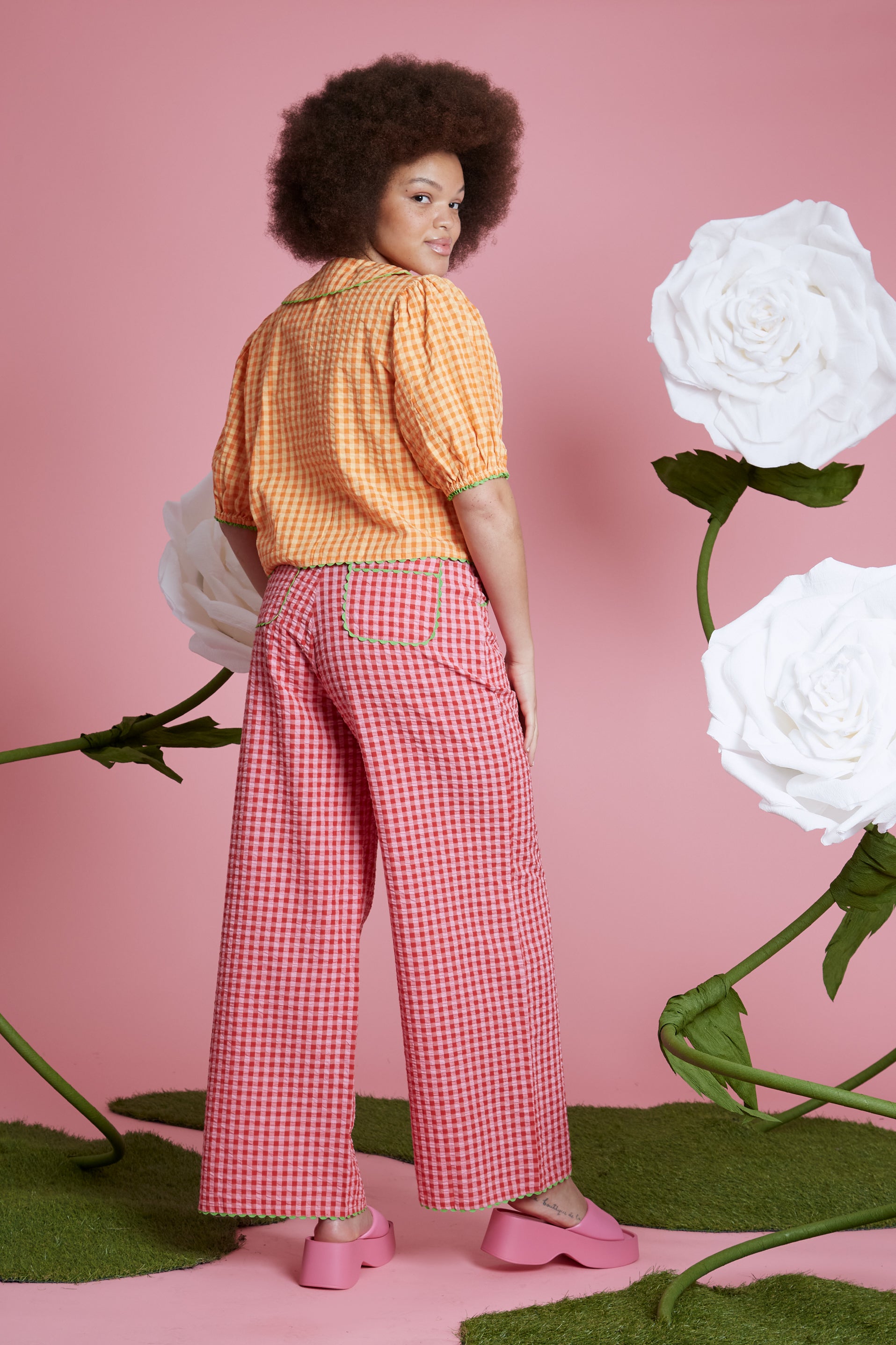 Alice Gingham Wide Leg Trousers - Curve