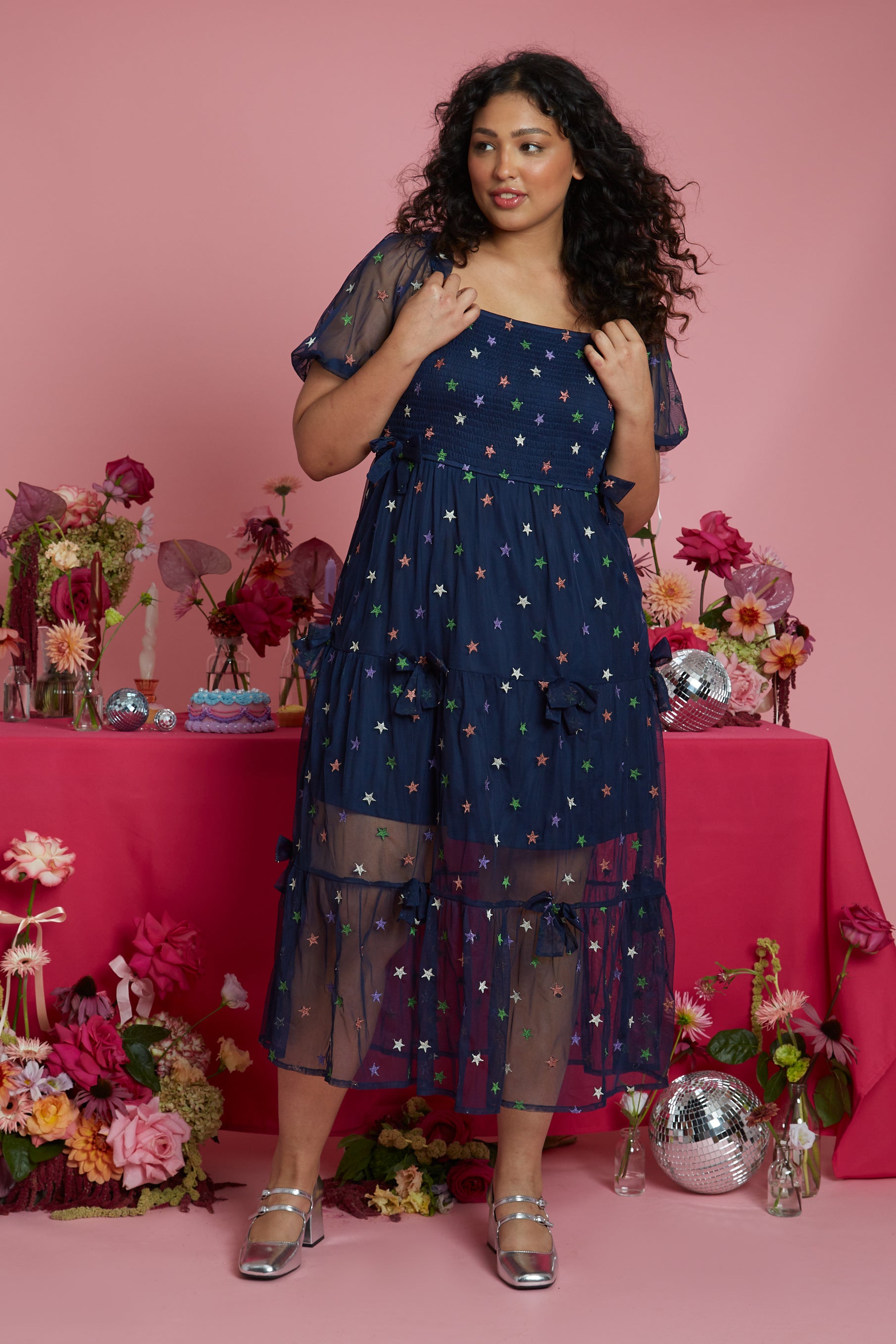 Evelyn Rainbow Star print Navy Tulle Midi Dress Curve