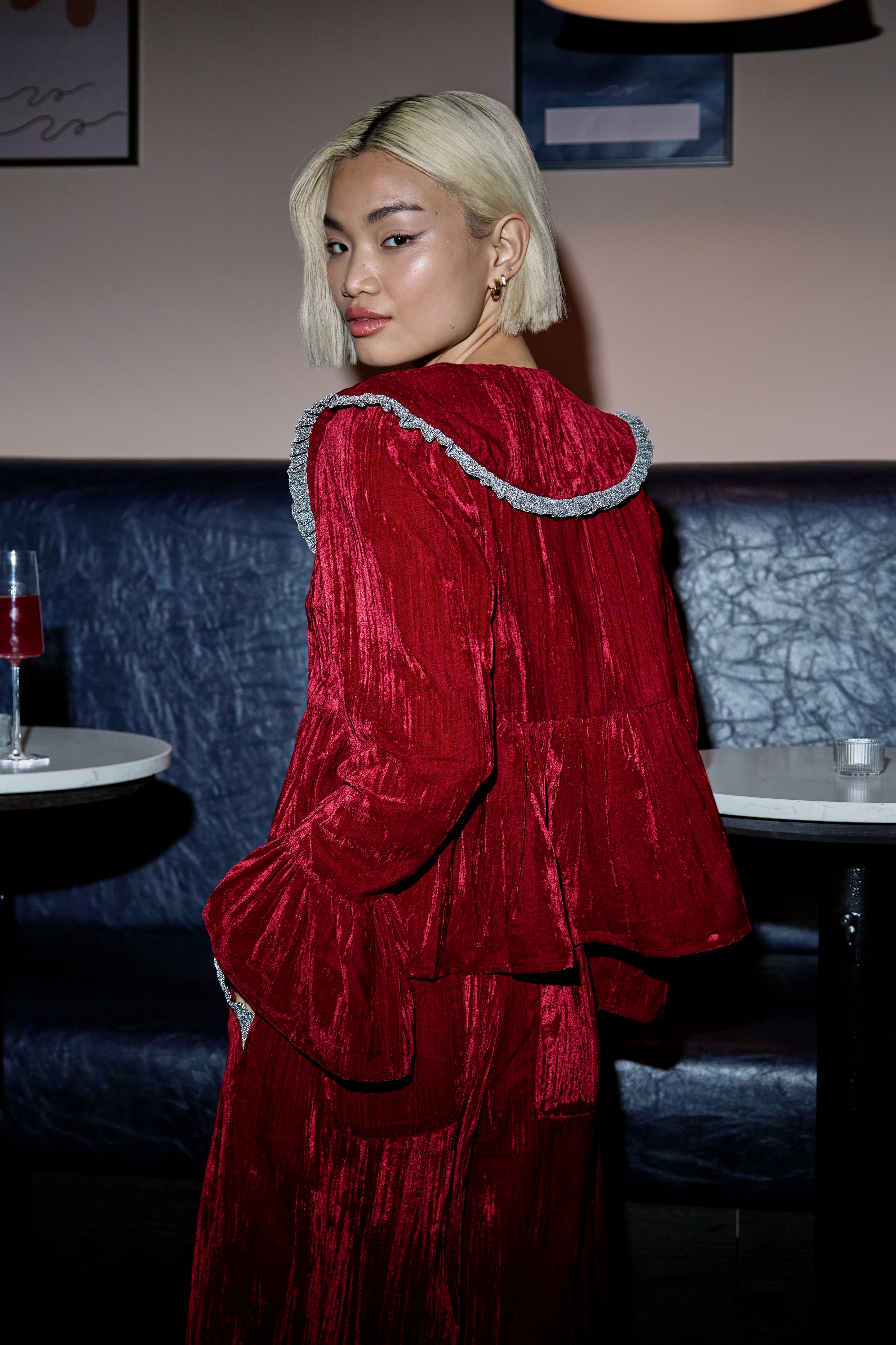 Maple Crinkle Velvet Tie detail Burgundy Blouse