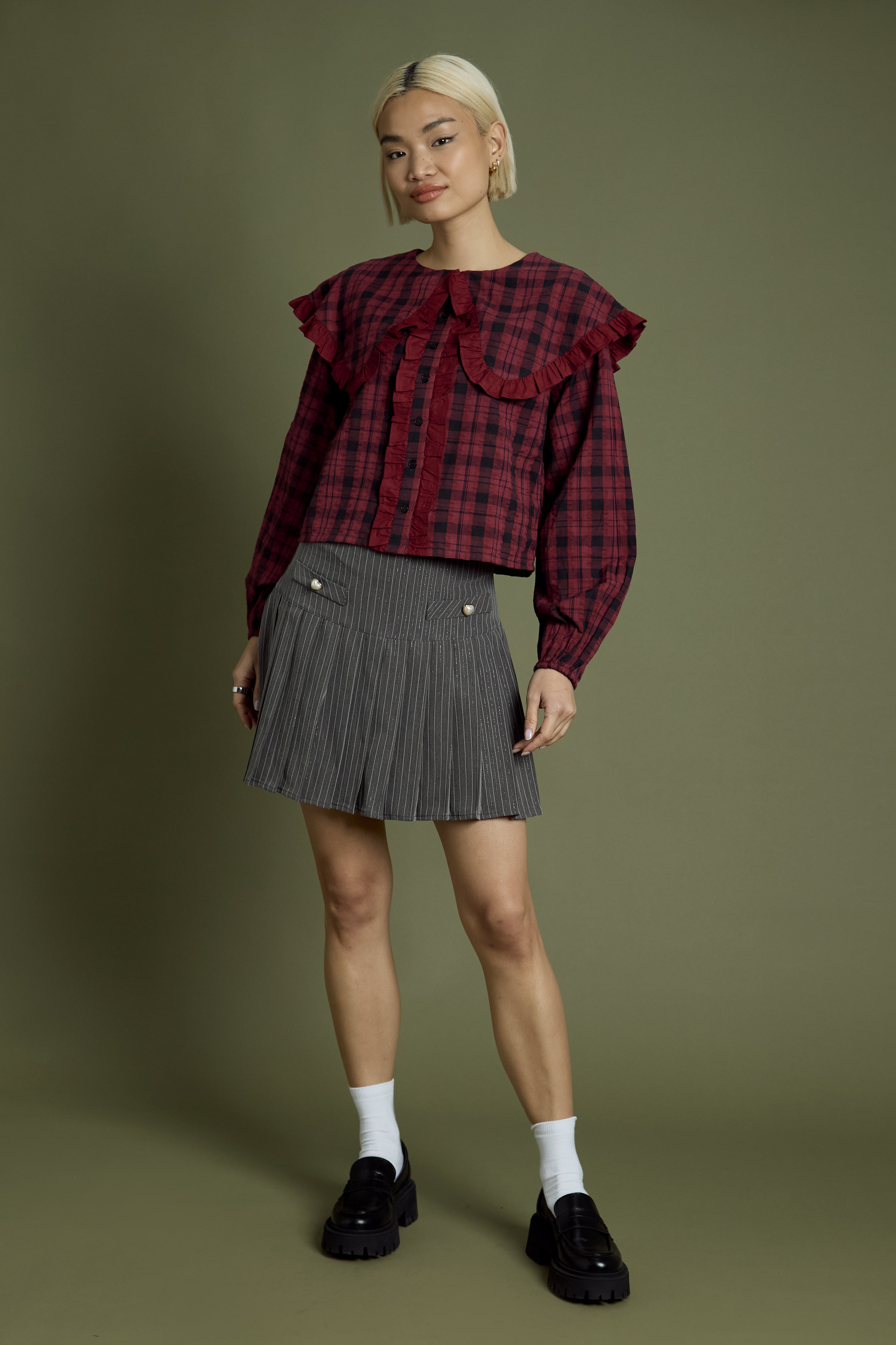 Taylor Oversized Collar Burgundy Tartan Blouse