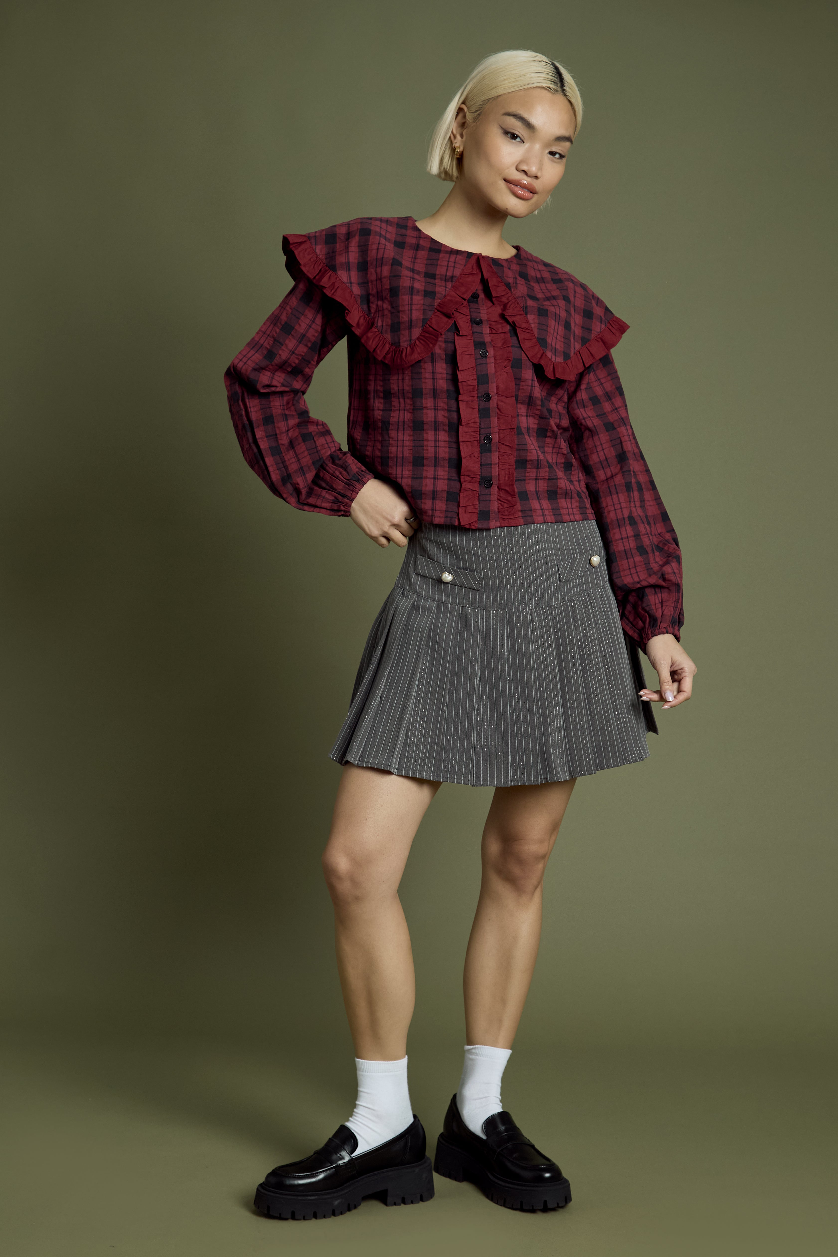 Taylor Oversized Collar Burgundy Tartan Blouse