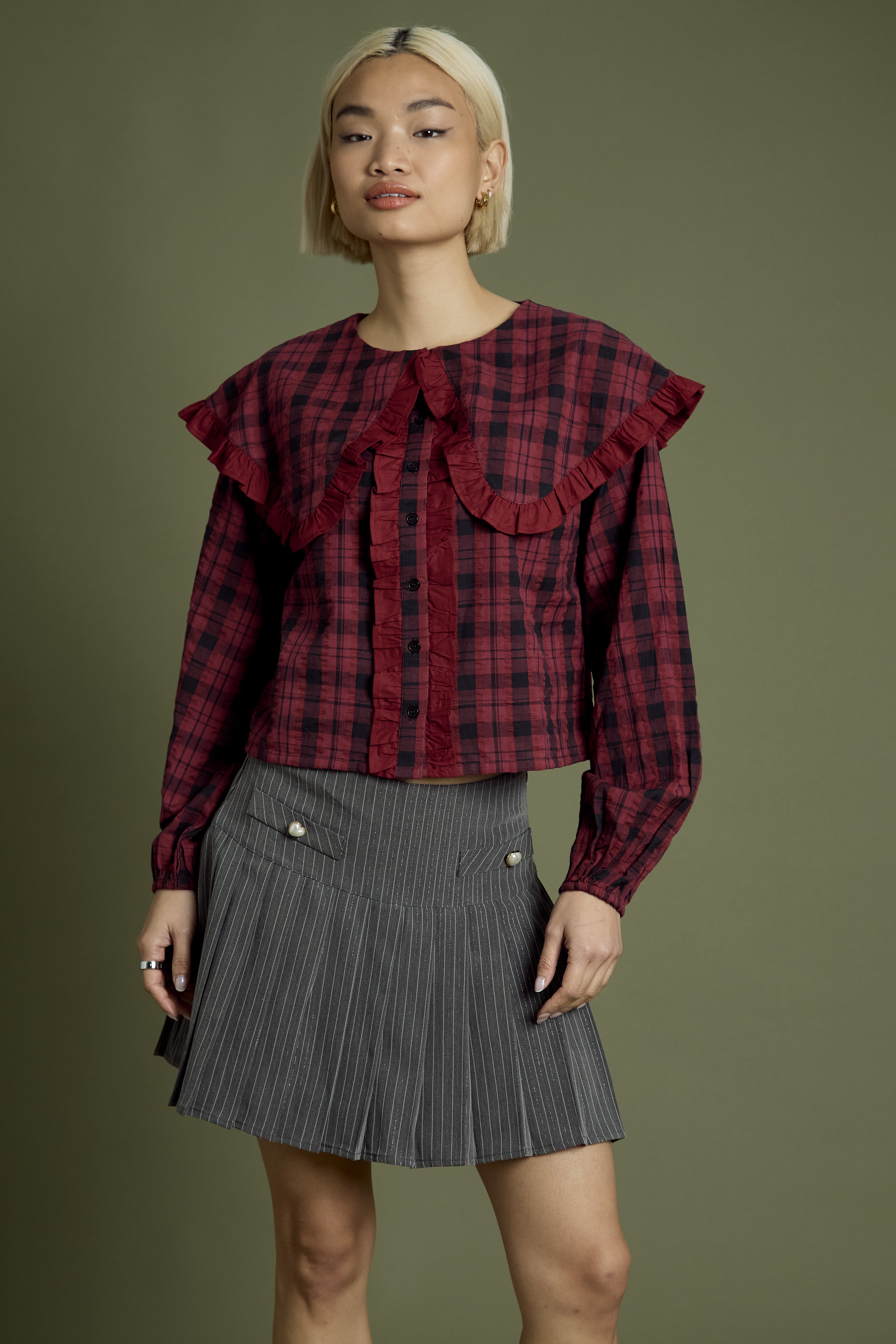 Taylor Oversized Collar Burgundy Tartan Blouse