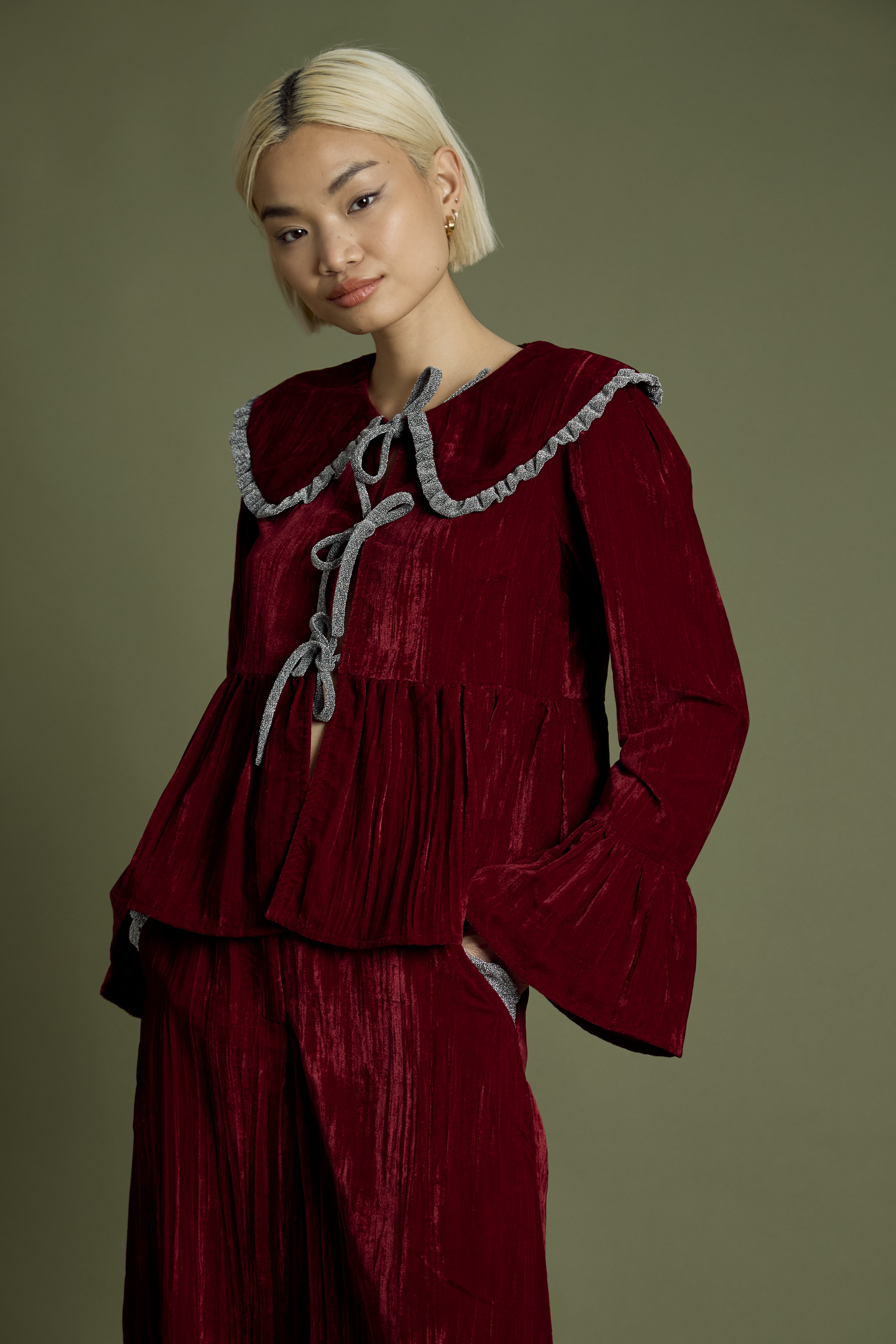 Maple Crinkle Velvet Tie detail Burgundy Blouse