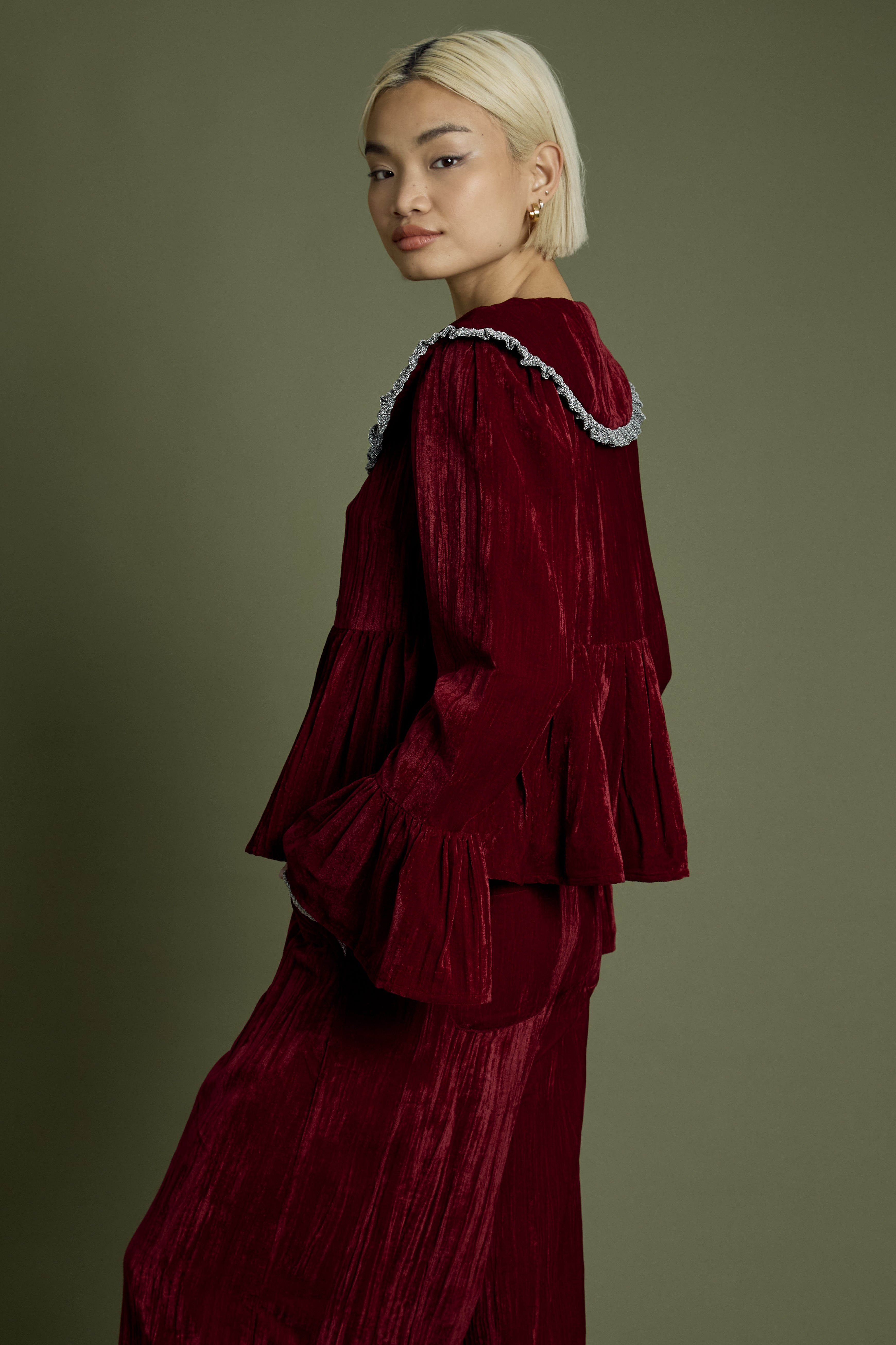 Maple Crinkle Velvet Tie detail Burgundy Blouse