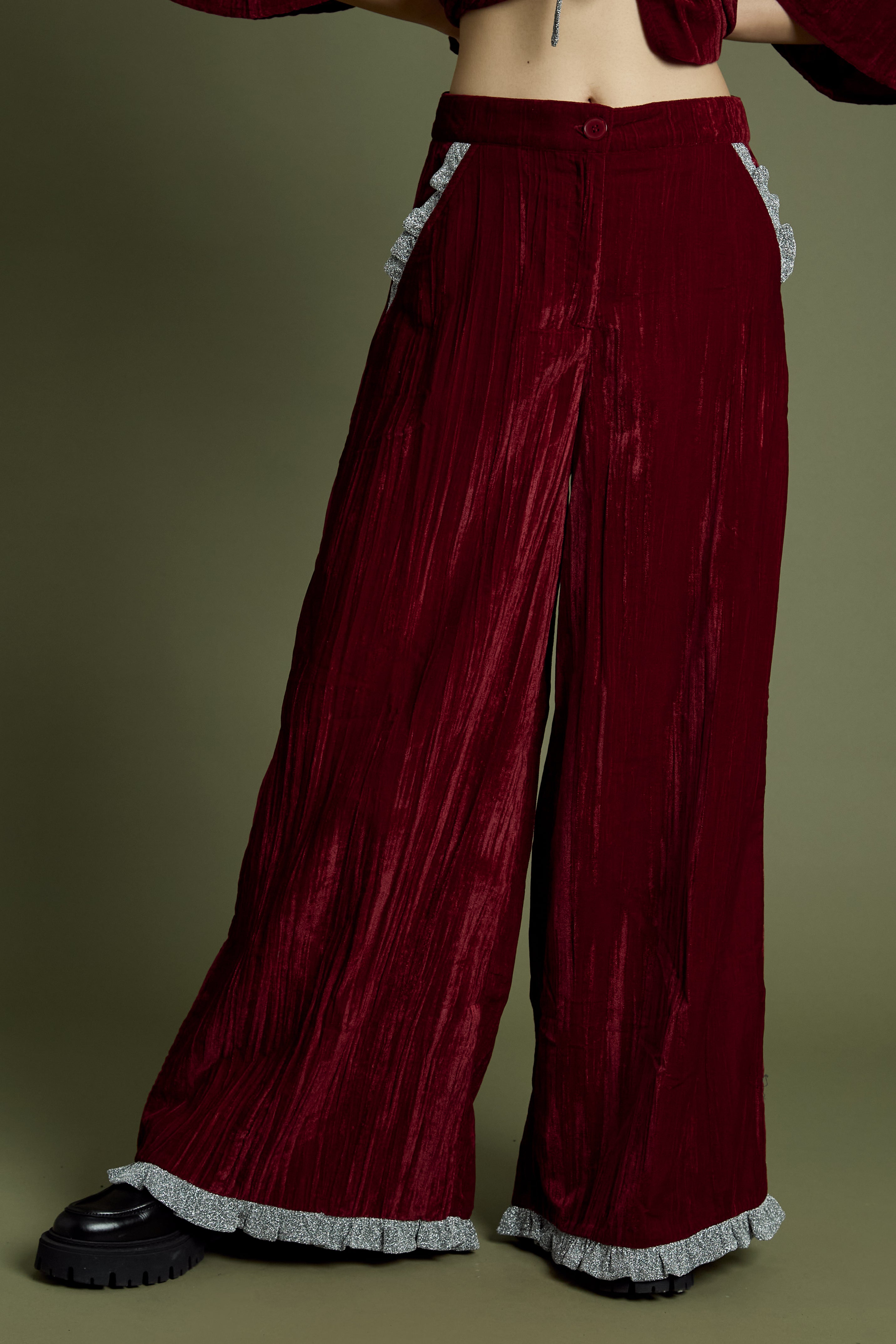 Maple Crinkle Velvet Wide Leg Trousers