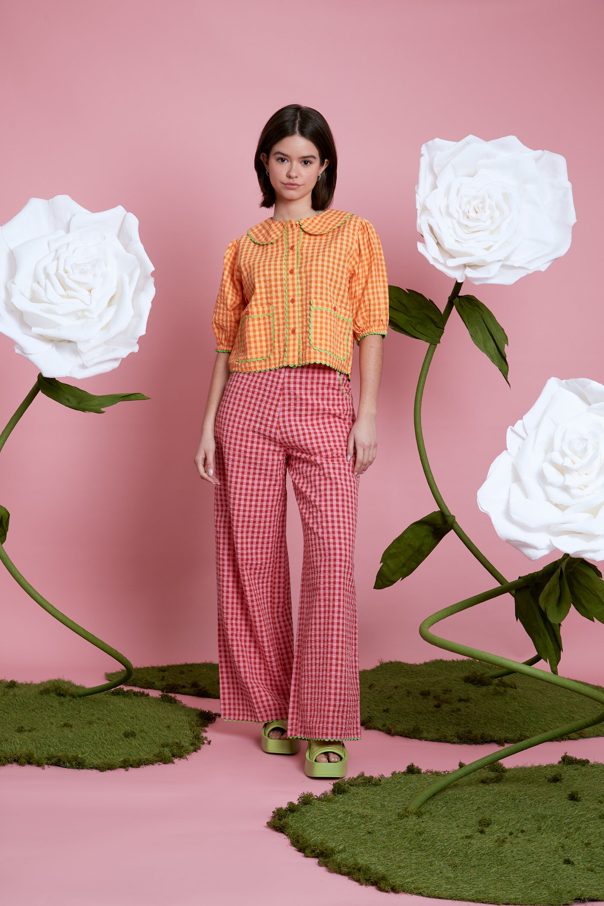 Alice Gingham Wide Leg Trousers - Pink