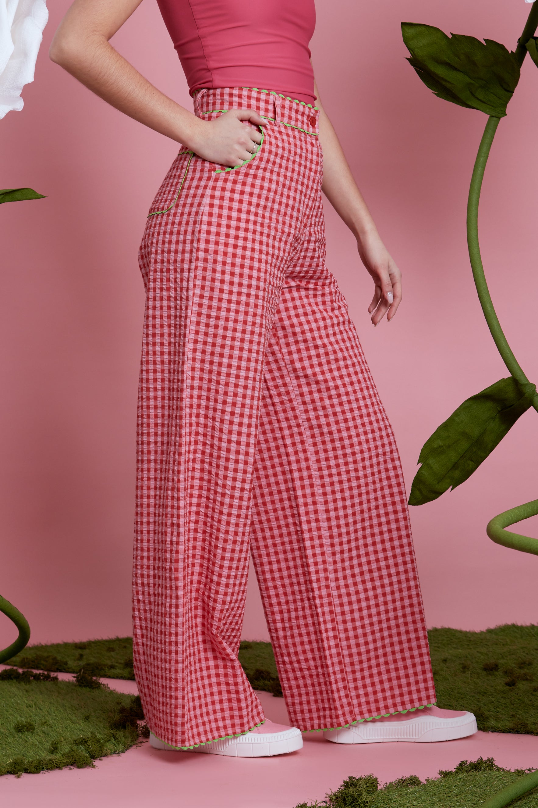 Alice Gingham Wide Leg Trousers - Pink