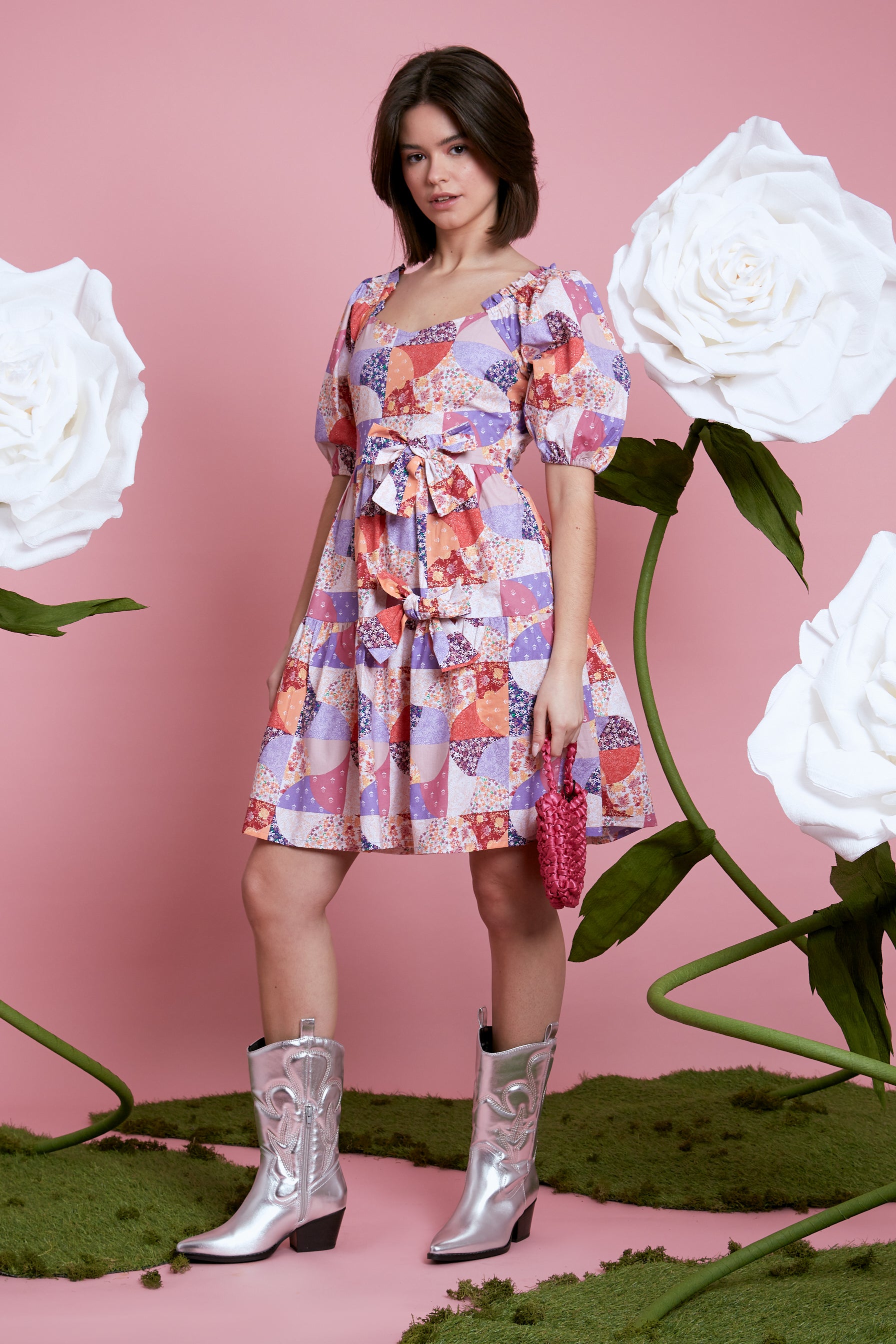 Florence Patchwork Print Dress - Pink