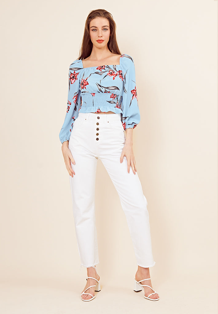 Floral Shirred Crop Top <br> Blue