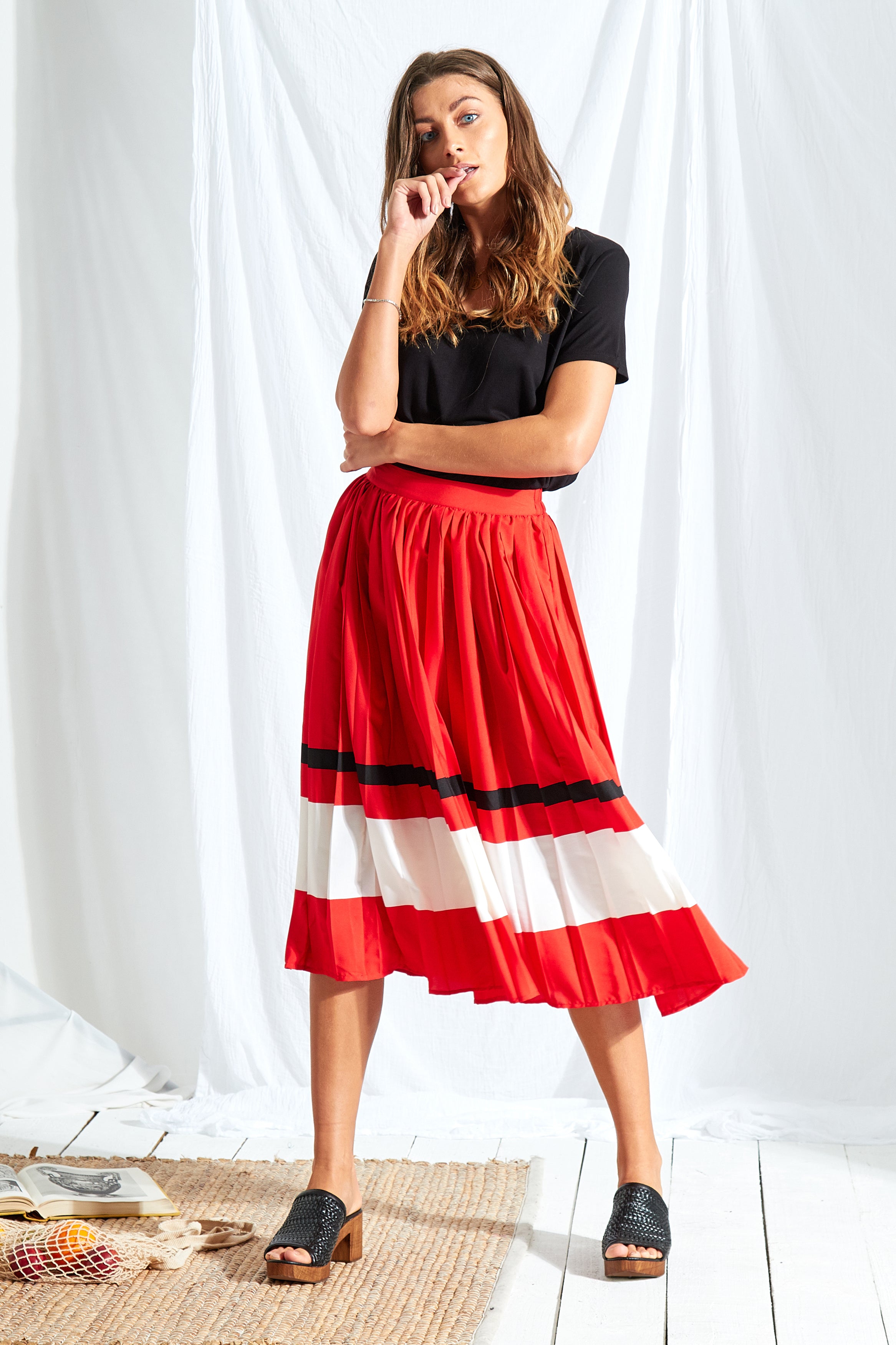 Sports Stripe Pleated Midi Skirt